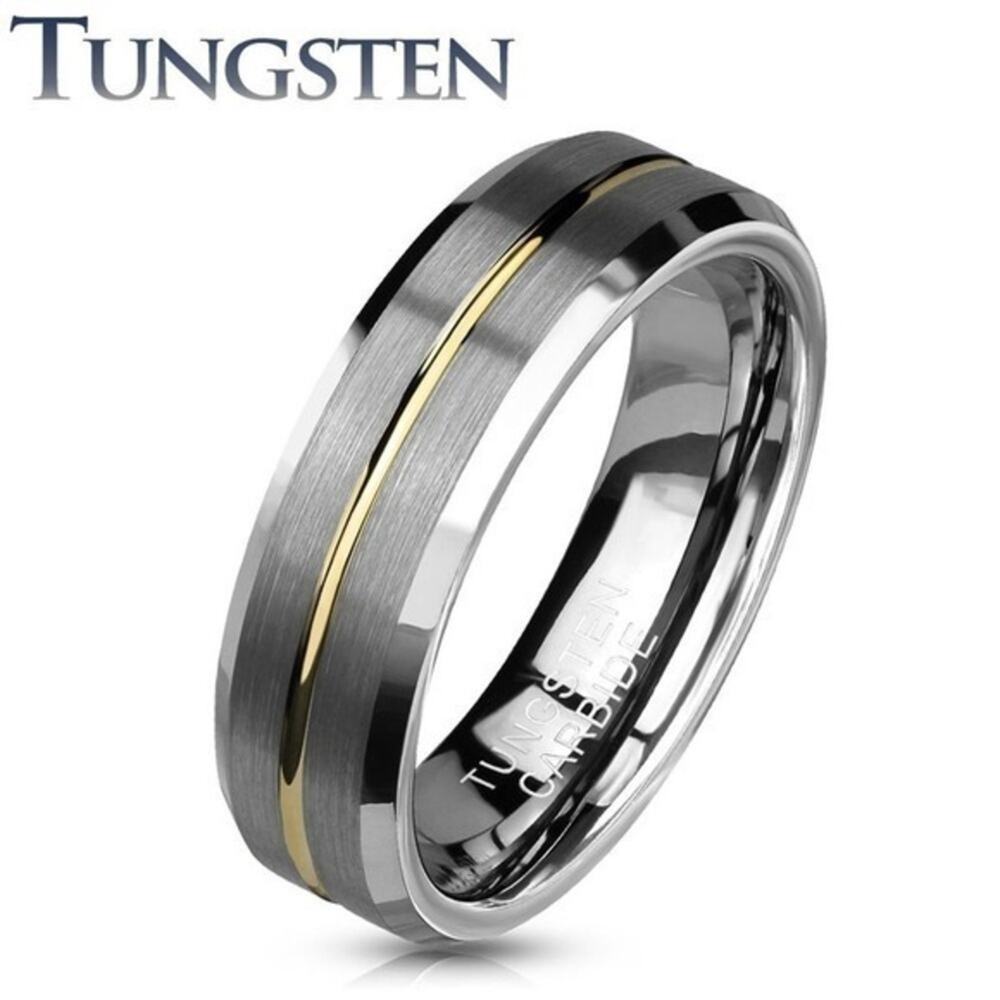 Brushed Finish Gold Groove Beveled Edges Tungsten Carbide Ring. 6mm‎ size 7